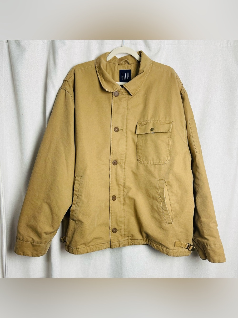 GAP Khaki Tan Utility Field Style Jacket Mens XXL Full Zip Button Lined 2009 Y2K
